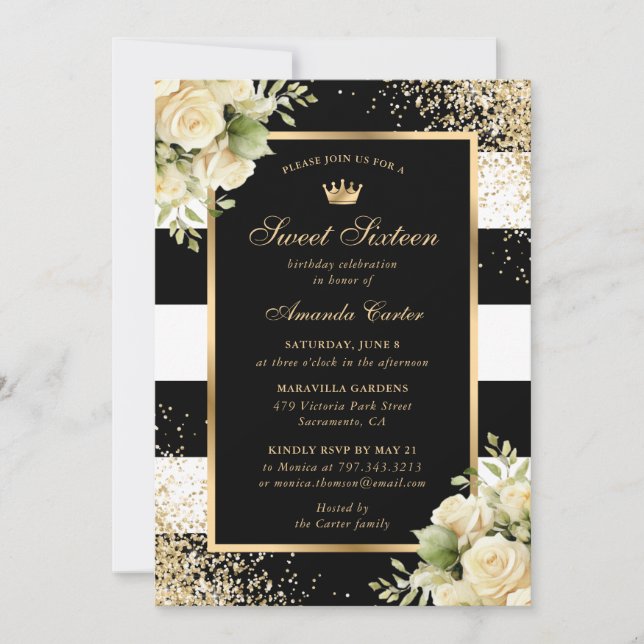 Invitación Elegante Dulce Floral de Oro Negro Dieciséis Cumpl (Anverso)