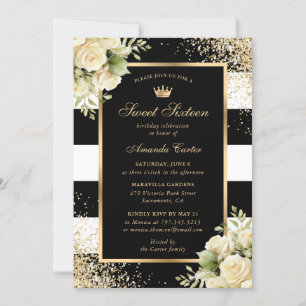 Invitación Elegante Dulce Floral de Oro Negro Dieciséis Cumpl