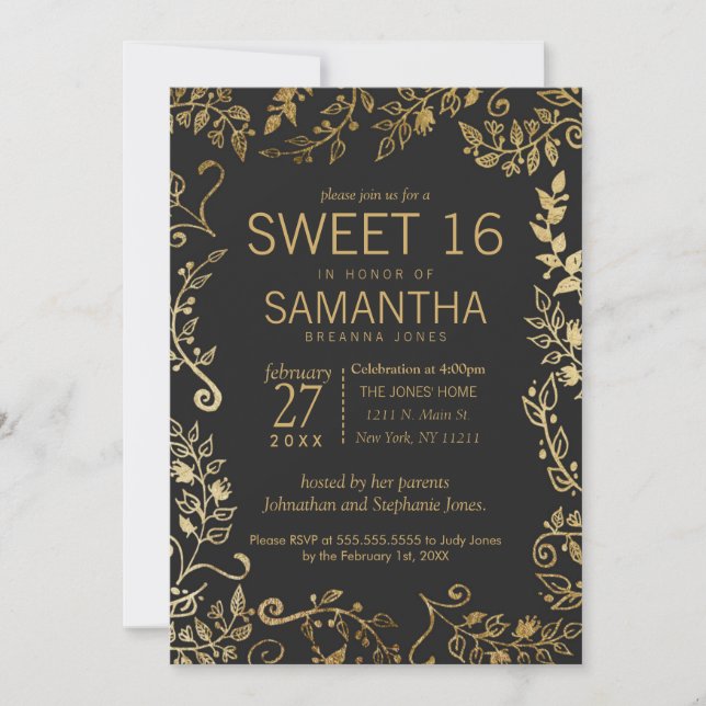 Invitación Elegante dulce floral de oro negro y amarillo 16 (Anverso)