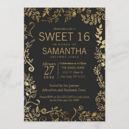 Invitación Elegante dulce floral de oro negro y amarillo 16