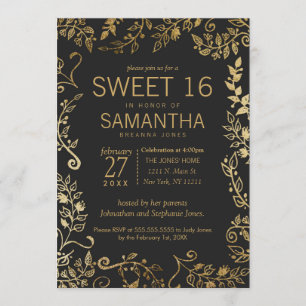 Invitación Elegante dulce floral de oro negro y amarillo 16