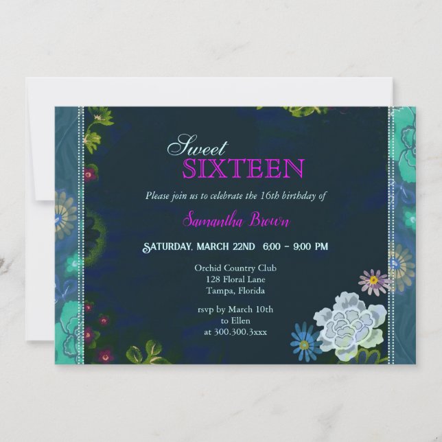 Invitación Elegante Dulce Floral Dieciséis (Anverso)