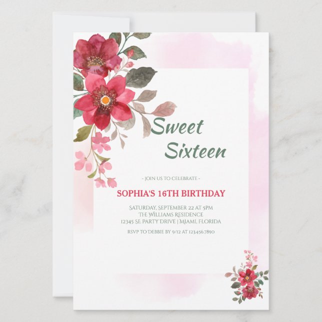 Invitación Elegante Dulce Floral Rojo Dieciséis Acentos Rosa (Anverso)