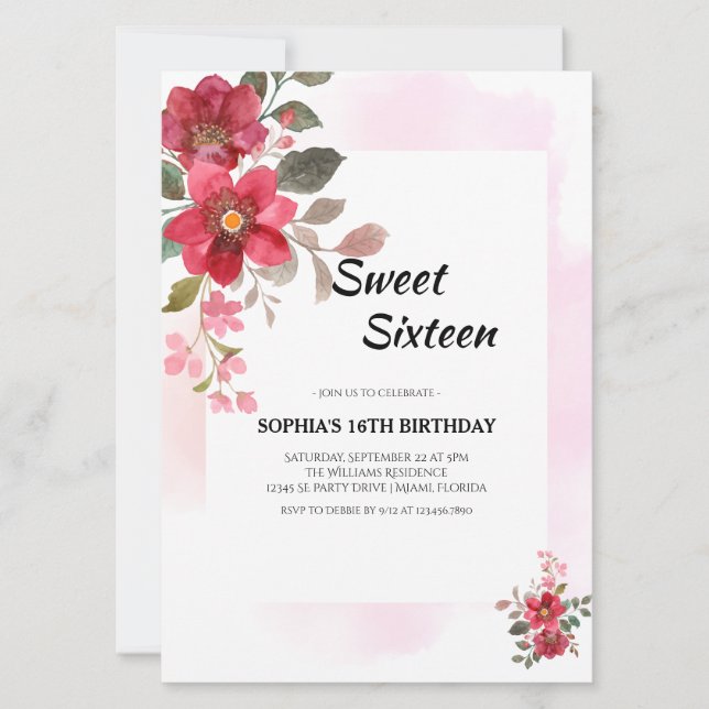 Invitación Elegante Dulce Floral Rojo Dieciséis Acentos Rosa (Anverso)