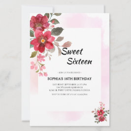Invitación Elegante Dulce Floral Rojo Dieciséis Acentos Rosa