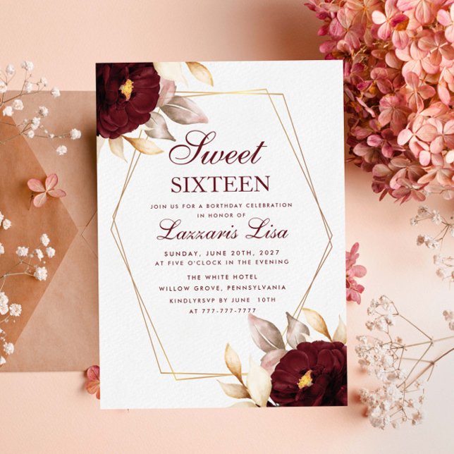 Invitación Elegante Dulce Floral Rojo Dieciséis Cumpleaños (Subido por el creador)