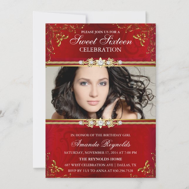 Invitación Elegante Dulce Floral Rojo Y Oro Dieciséis Invitad (Anverso)
