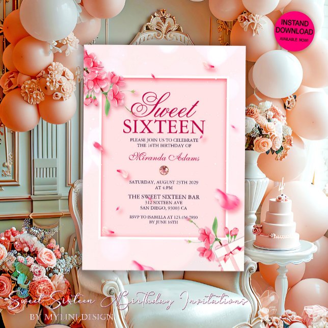 Invitación Elegante Dulce Floral Rosa Dieciséis Cumpleaños (Subido por el creador)