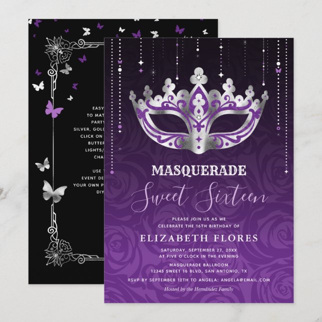 Invitación Elegante Dulce Masquerade Plata Púrpura Negro 16 (Anverso / Reverso)
