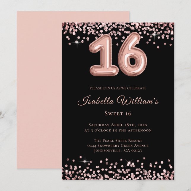 Invitación Elegante dulce Purpurina negro con globo de 16 año (Anverso / Reverso)