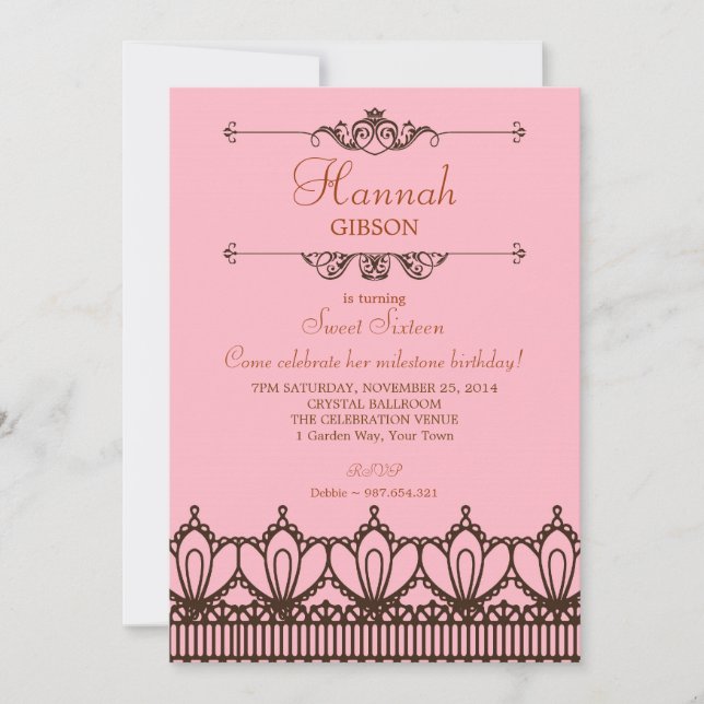 Invitación Elegante dulce rosa y marrón de encaje 16 invitaci (Anverso)
