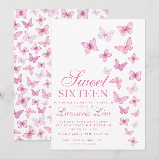 Invitación Elegante dulce rosado dieciséis mariposas cumpleañ (Anverso / Reverso)