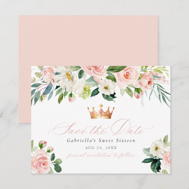 Invitación Elegante dulce Rubor Floral Sweet 16 Guardar la fe (Anverso / Reverso)
