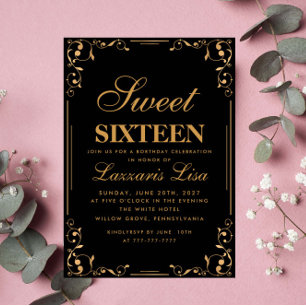 Invitación Elegante dulce sencillo dieciséis cumpleaños negro