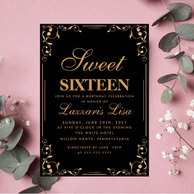 Invitación Elegante dulce sencillo dieciséis cumpleaños negro (Subido por el creador)