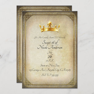 Invitación Elegante dulce vintage Royal Gold Crown 16 Fiesta