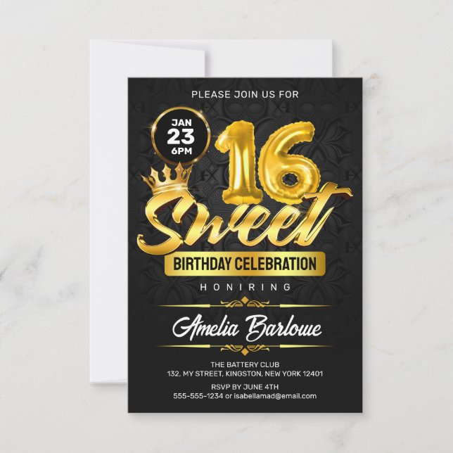 Invitación Elegante Dulces 16 Negro y Oro Premium (Anverso)