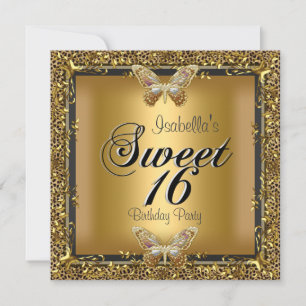 Invitación Elegante Dulces Dieciséis 16 Leopardo Mariposa Dor