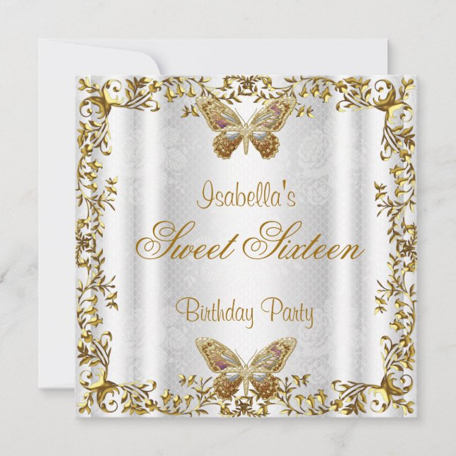 Invitación Elegante Dulces Dieciséis 16 Mariposa de Oro Blanc (Anverso)