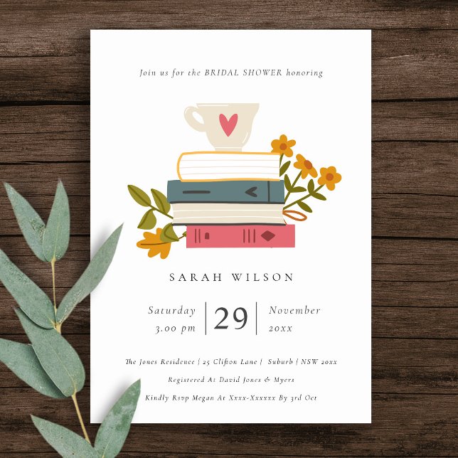 Invitación Elegante Dusky Libros apilados Floral Ducha de nov (Subido por el creador)