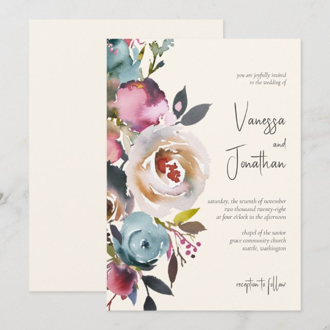 Invitación Elegante Dusty Azul Borgoña Marfil Floral (Anverso / Reverso)