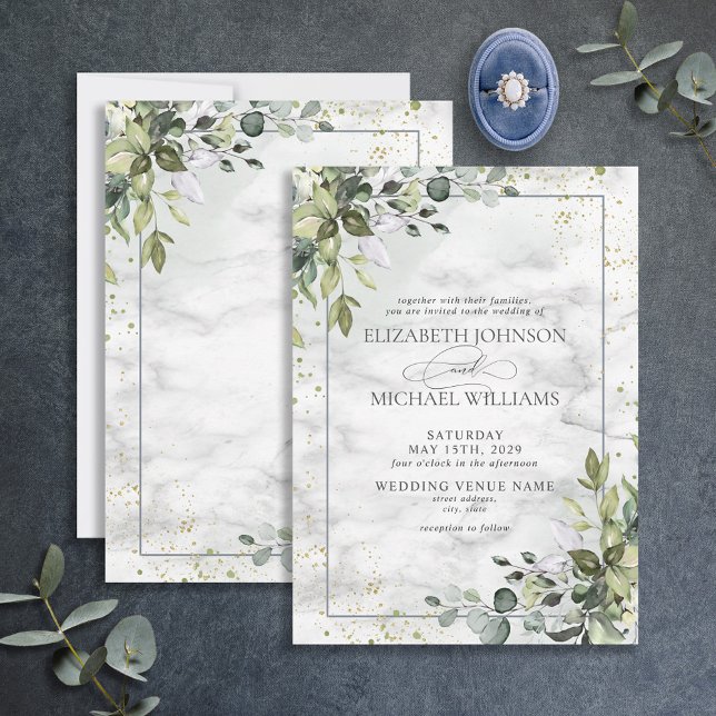 Invitación Elegante Dusty Azul Eucalipto Mármol verde (Subido por el creador)