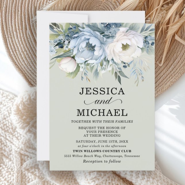 Invitación Elegante Dusty Azul Marfil Floral Sage Verde (Elegant dusty blue and white floral on mint green wedding invitation)