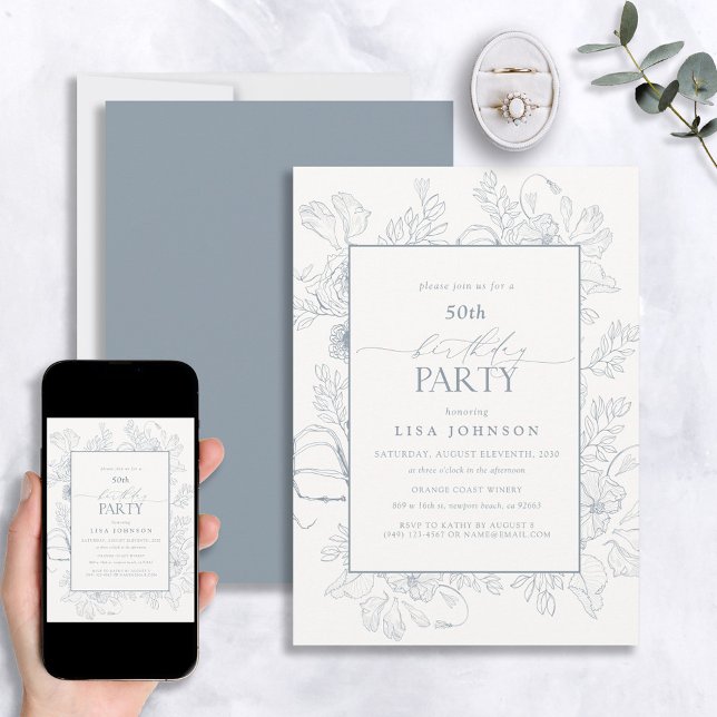 Invitación Elegante Dusty Blue 50th Birthday Floral Line Art (Subido por el creador)