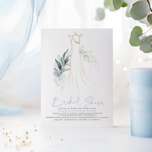 Invitación Elegante Dusty Blue and Gold Greeneration Bridal S (Dusty Blue Greenery Dress Bridal Shower Invitations)