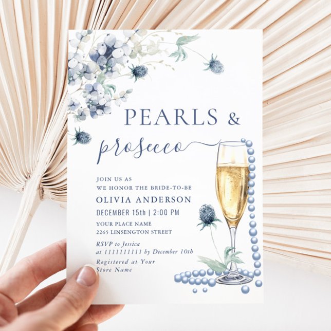 Invitación Elegante Dusty Blue Boho Winter PEARLS & Prosecco (Subido por el creador)