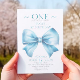 Invitación Elegante Dusty Blue Bow First Boy Cumpleaños