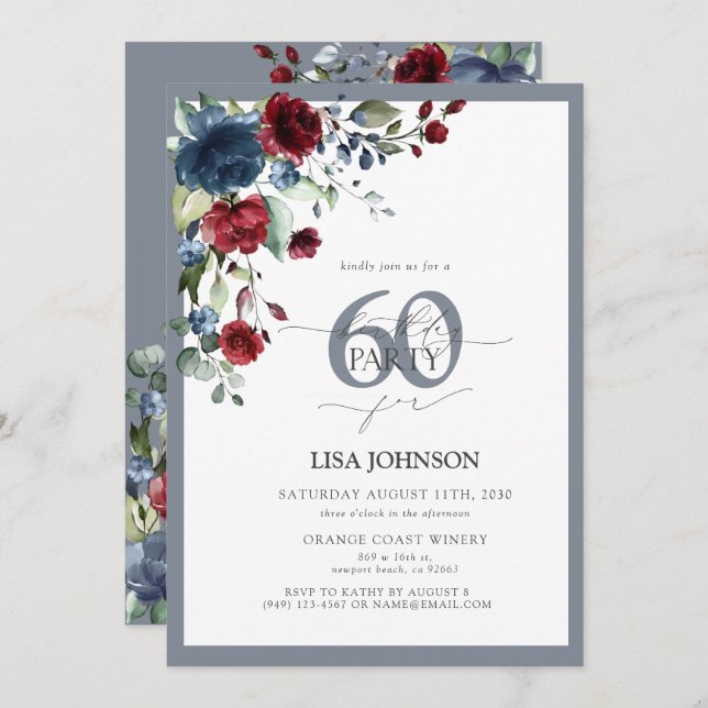Invitación Elegante Dusty Blue & Burgundy Floral 60 cumpleaño (Anverso / Reverso)