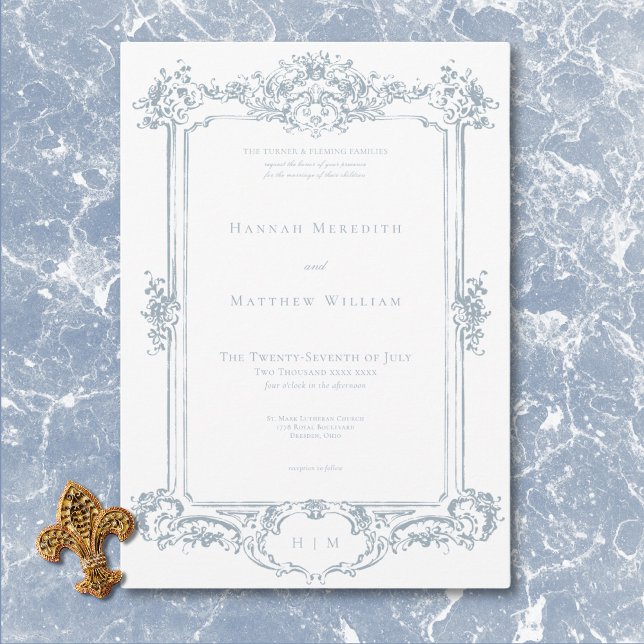 Invitación Elegante Dusty Blue Chinoiserie Cherub Boda (Elegant Dusty Blue Chinoiserie Cherub Wedding Invitation)