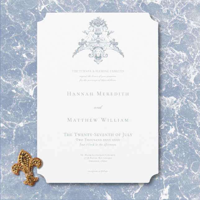 Invitación Elegante Dusty Blue Chinoiserie Querubín Boda (Elegant Dusty Blue Chinoiserie Cherub Wedding Invitation)