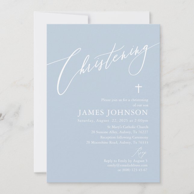 Invitación Elegante Dusty Blue Cross Boy Christening (Anverso)