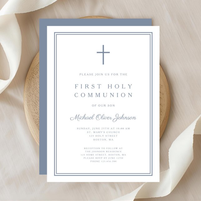 Invitación Elegante Dusty Blue Cross Boy Primera Comunión Sag (Elegant Dusty Blue Cross Boy First Holy Communion Invitation)