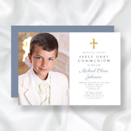 Invitación Elegante Dusty Blue Cross Photo Boy Primera Comuni