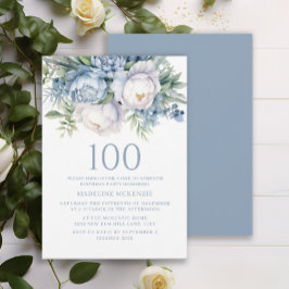 Invitación Elegante Dusty Blue Floral 100 cumpleaños