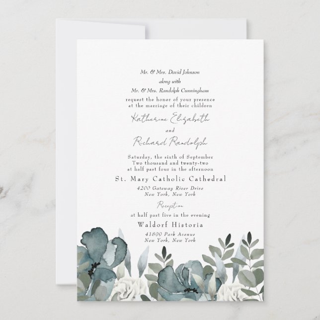 Invitación Elegante Dusty Blue Floral Ambos Padres Boda (Anverso)