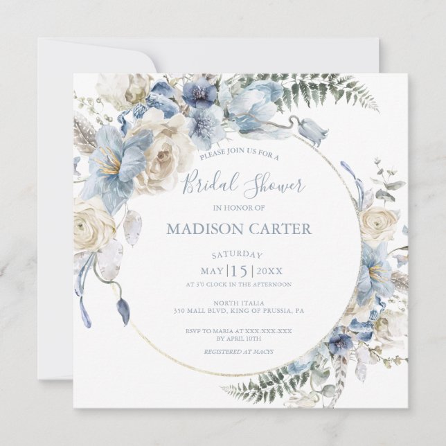 Invitación Elegante Dusty Blue Floral Bridal Shower Invitació (Anverso)