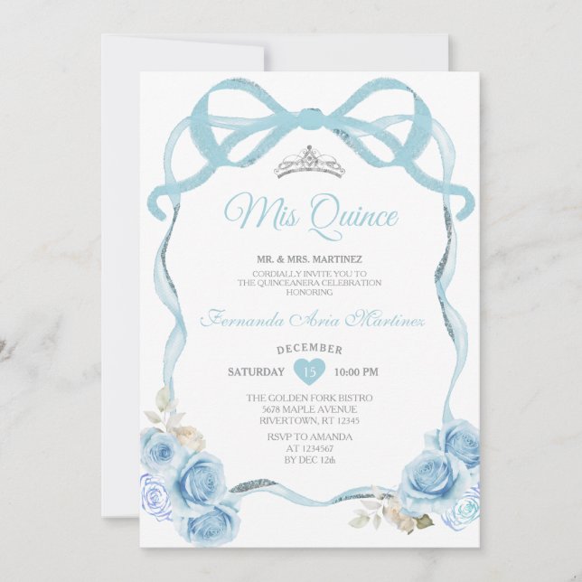 Invitación Elegante Dusty Blue Floral Butterfly Mis Quince (Anverso)
