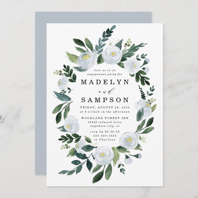 Invitación Elegante Dusty Blue Floral Garden Engagement (Anverso / Reverso)