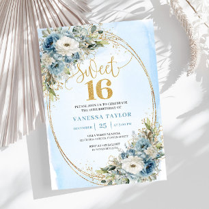 Invitación Elegante Dusty Blue Floral Gold Sweet Sixteen 16