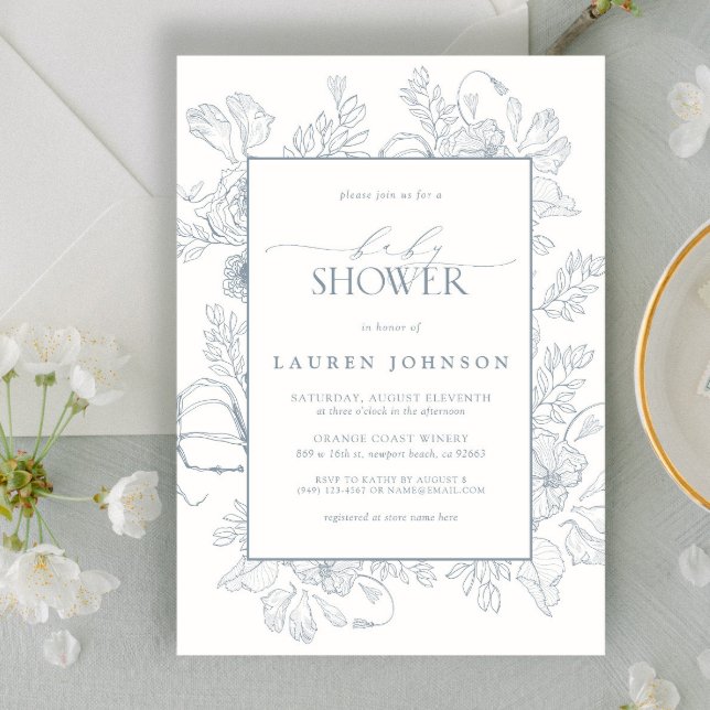 Invitación Elegante Dusty Blue Floral Line Art Baby Shower (Subido por el creador)