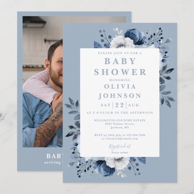 Invitación Elegante Dusty Blue Floral Photo Baby Shower (Anverso / Reverso)