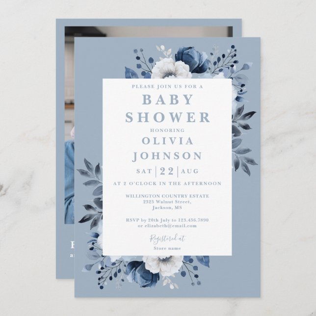 Invitación Elegante Dusty Blue Floral Photo QR Baby Shower (Anverso / Reverso)