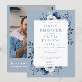 Invitación Elegante Dusty Blue Floral Photo QR Baby Shower