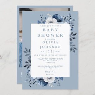 Invitación Elegante Dusty Blue Floral Photo QR Baby Shower