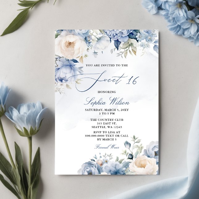 Invitación Elegante Dusty Blue Floral Sweet 16 (Elegant Modern Dusty Blue Floral Sweet 16 Invitation)