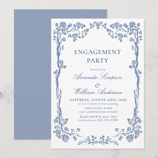 Invitación Elegante Dusty Blue French Garden PAREMENT (Anverso / Reverso)